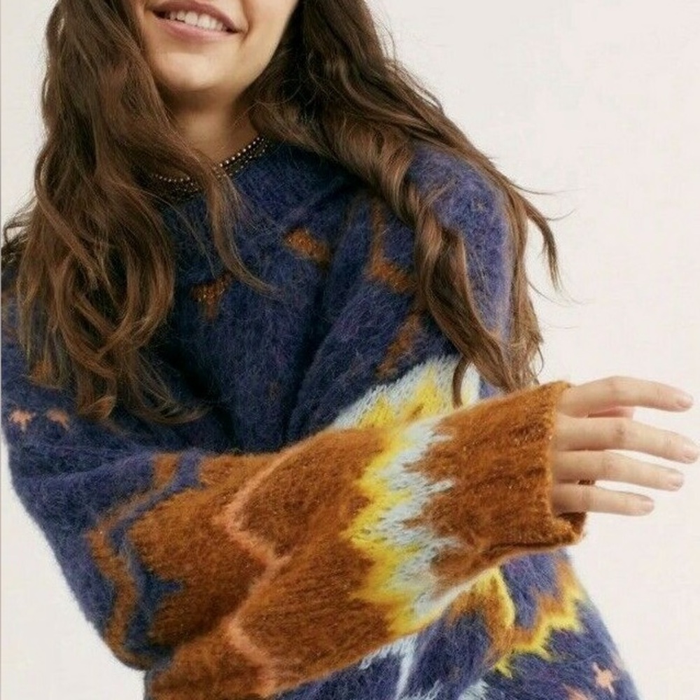 Free People Shimmering Cliffs Sweater Tunic Fair Isle Oversized Alpaca Navy Gold - Picture 2 of 6